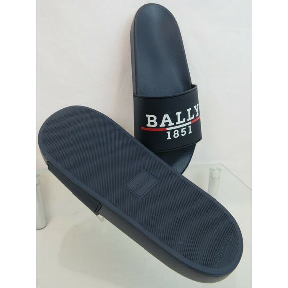 NIB BALLY SAMUEL INK NAVY RUBBER WHITE LETTERING LOGO SANDALS SLIDES 9 D ITALY main image 11